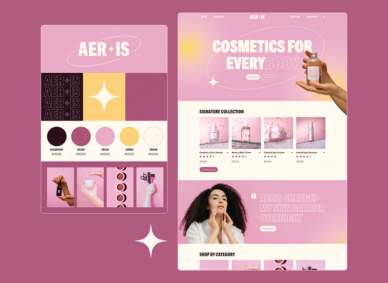 Our branding and website design document we made for the AERIS project, showing their new logo and colour palette, and a screenshot of the homepage design